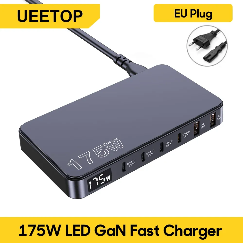 Chargeur GaN 175 W USB-C à affichage LED, 6 ports, chargeur de bureau Type-C PD 100 W, PPS 45 W, charge rapide pour MacBook, Samsung et iPhone 12