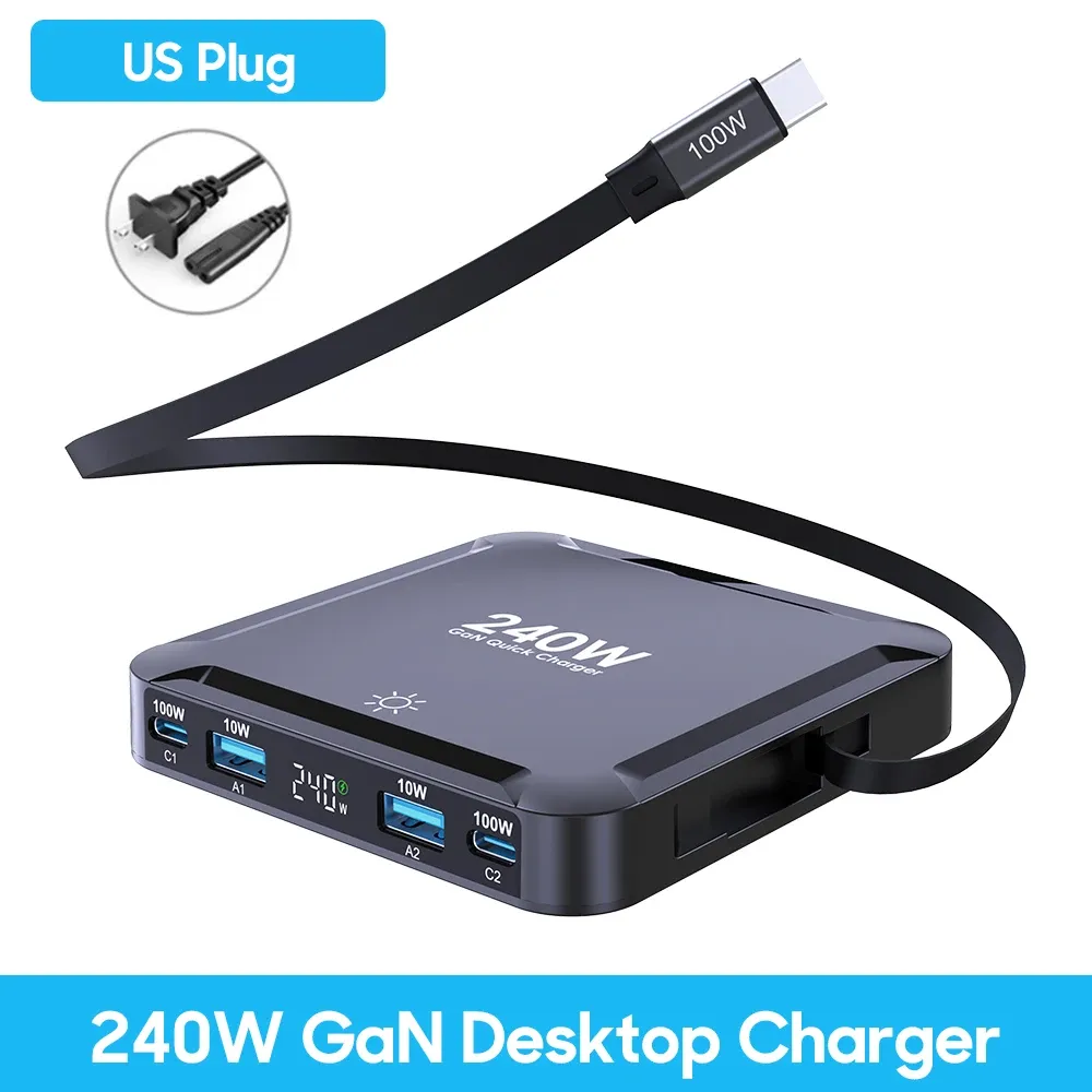 Chargeur GaN 175 W USB-C à affichage LED, 6 ports, chargeur de bureau Type-C PD 100 W, PPS 45 W, charge rapide pour MacBook, Samsung et iPhone 16