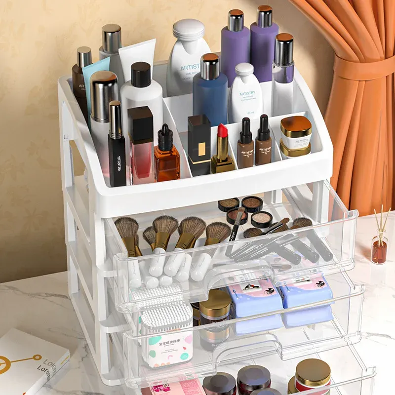 Organisateur de bureau multicouche avec tiroirs, boîte de rangement transparente pour cosmétiques et maquillage 5