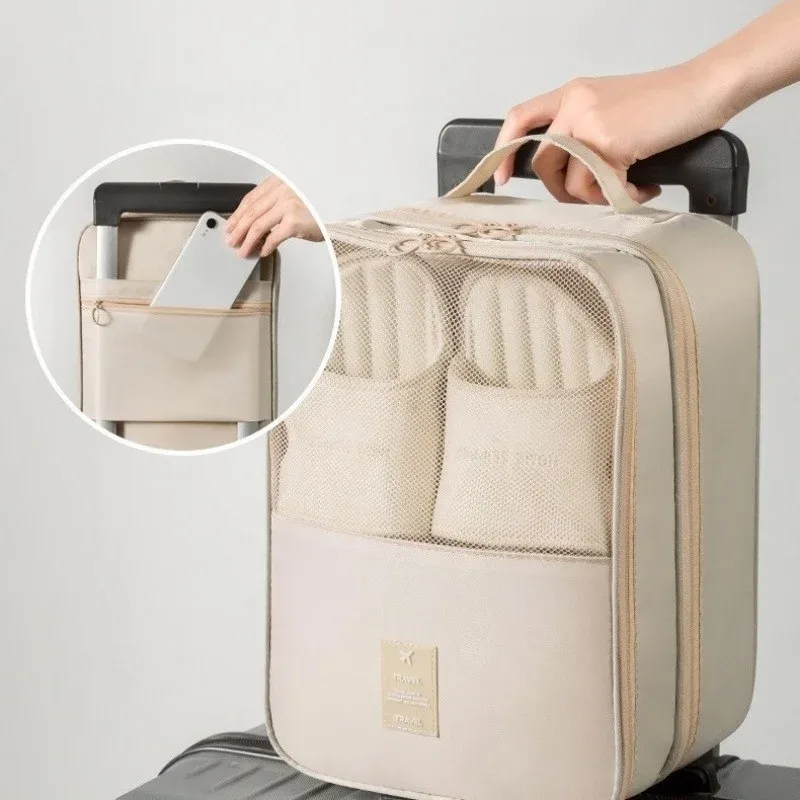 Sac de rangement portable pour chaussures de voyage avec fenêtre en maille, imperméable et anti-poussière, beige 3
