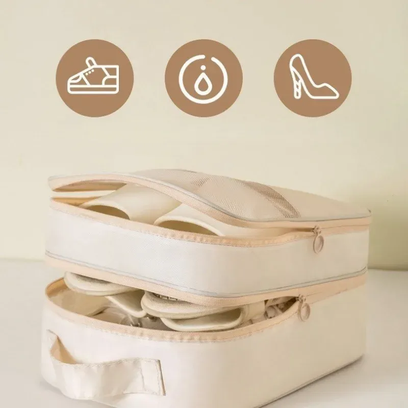 Sac de rangement portable pour chaussures de voyage avec fenêtre en maille, imperméable et anti-poussière, beige 5