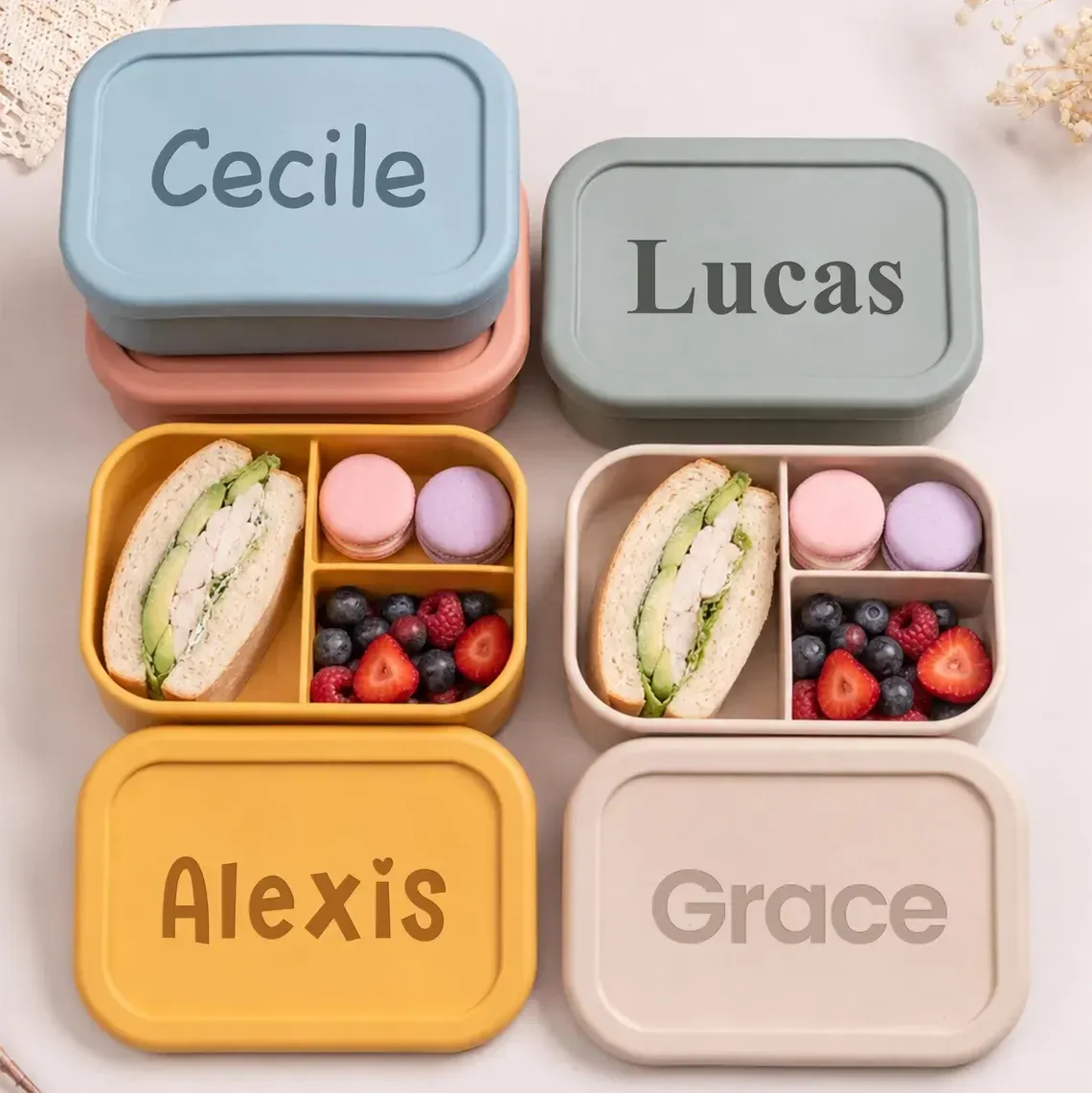 Boîte à lunch personnalisée pour enfants, boîte bento en silicone personnalisable avec compartiments, cadeau de rentrée scolaire - Image 1