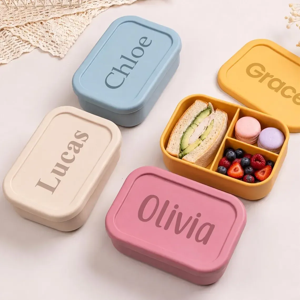 Boîte à lunch personnalisée pour enfants, boîte bento en silicone personnalisable avec compartiments, cadeau de rentrée scolaire 4