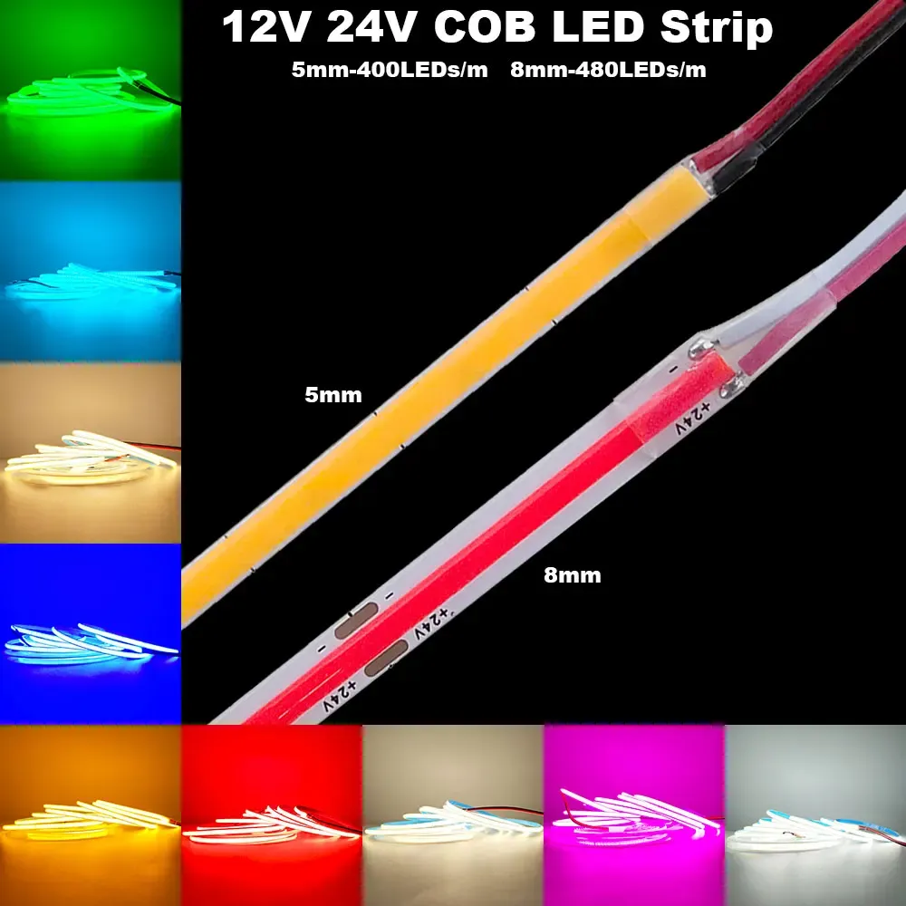 Bande LED COB 12V 24V 5 mm/8 mm PCB 400/480 LED/m flexible, rouge/vert/bleu/rose/bleu glacé/jaune, pour la décoration intérieure