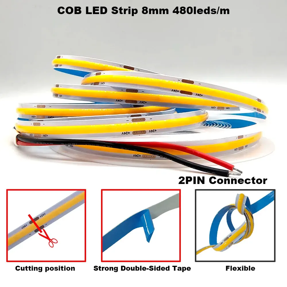 Bande LED COB 12V 24V 5 mm/8 mm PCB 400/480 LED/m flexible, rouge/vert/bleu/rose/bleu glacé/jaune, pour la décoration intérieure 2