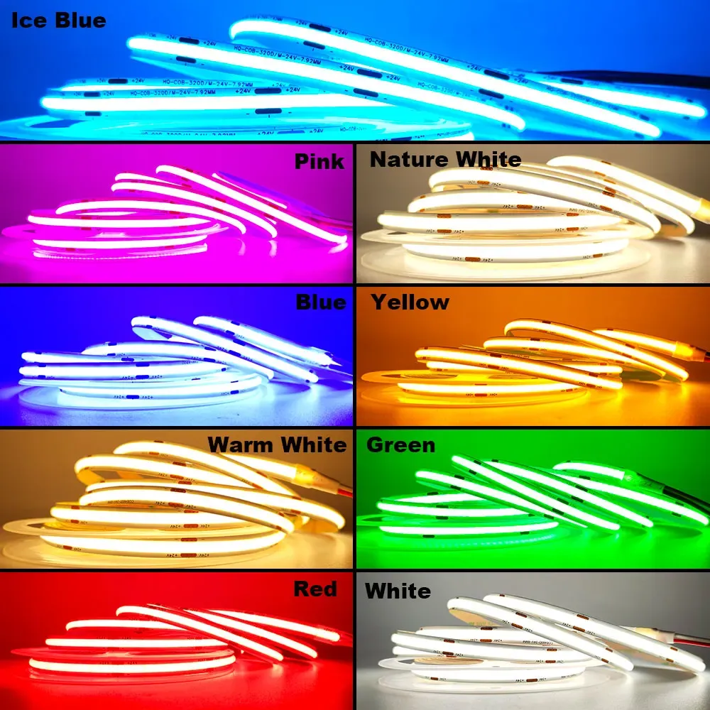 Bande LED COB 12V 24V 5 mm/8 mm PCB 400/480 LED/m flexible, rouge/vert/bleu/rose/bleu glacé/jaune, pour la décoration intérieure 5