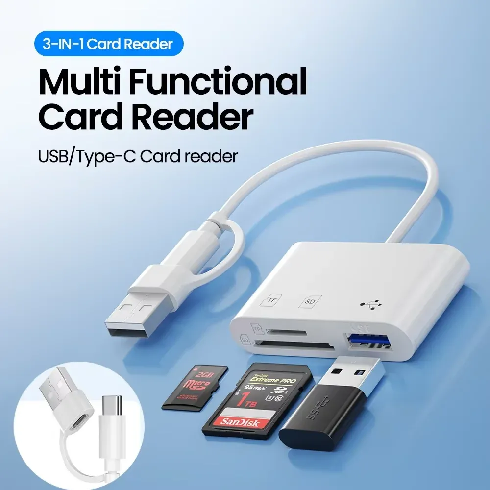 Adaptateur lecteur de cartes USB 3.0 haute vitesse 3-en-1 pour PC et ordinateur portable, avec connecteurs USB/Type-C, SD et TF