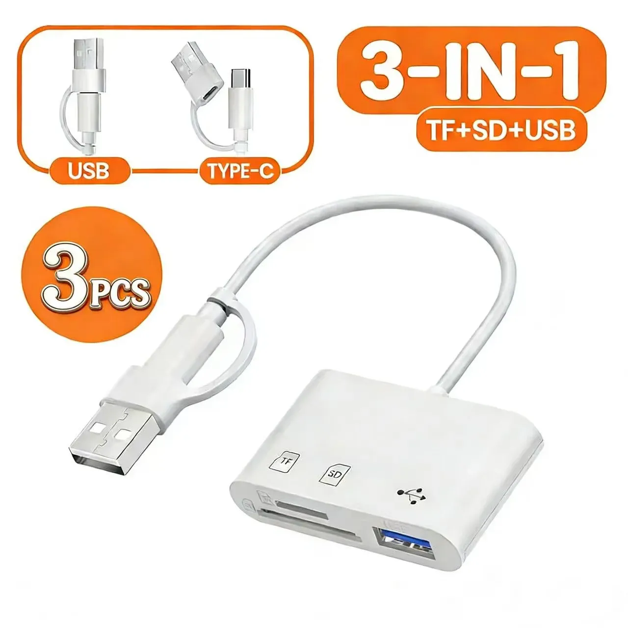 Adaptateur lecteur de cartes USB 3.0 haute vitesse 3-en-1 pour PC et ordinateur portable, avec connecteurs USB/Type-C, SD et TF 8
