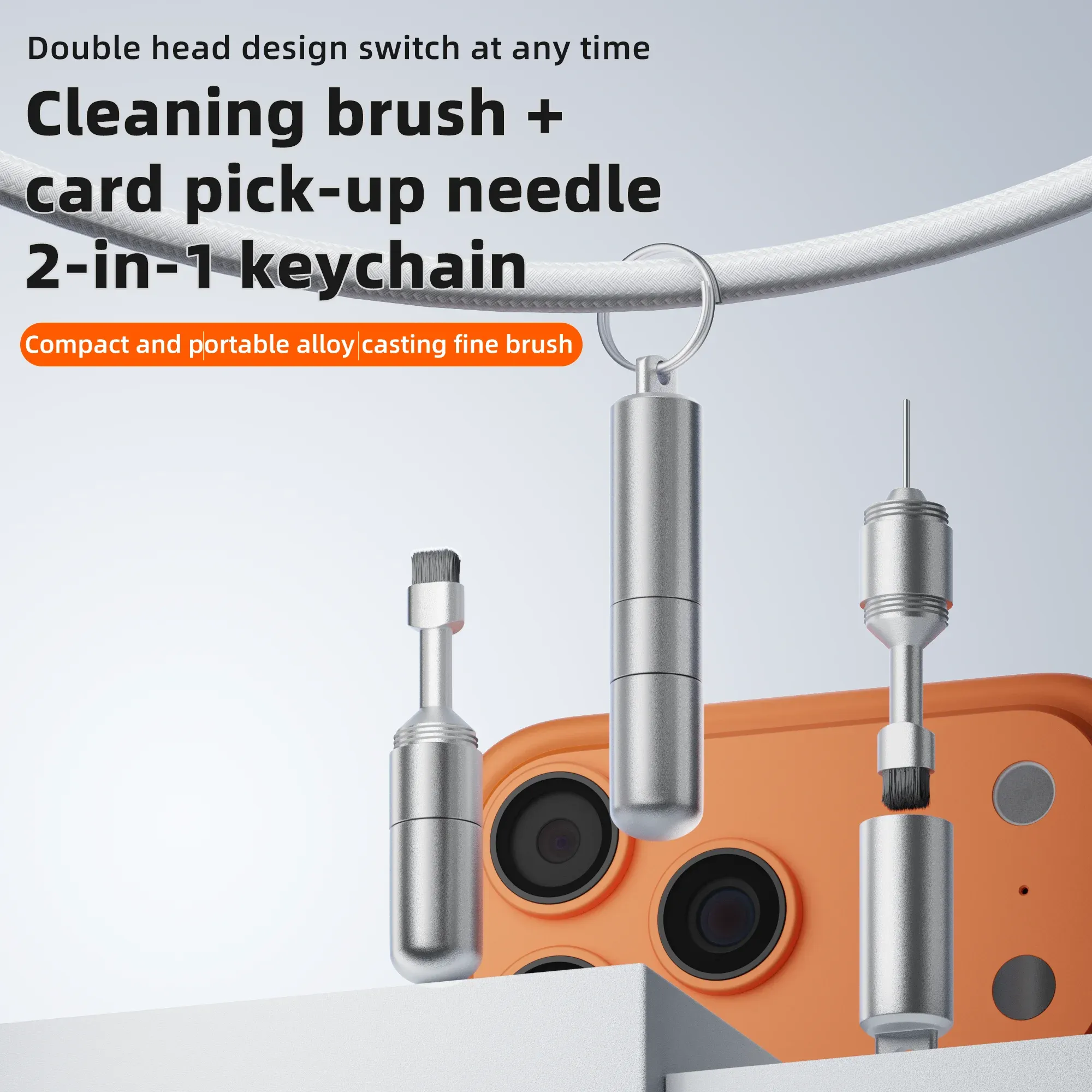 Brosse de nettoyage 2-en-1 et outil d'éjection de carte SIM, nettoyeur portable porte-clés compatible avec téléphones portables, haut-parleurs, écouteurs et casques Bluetooth 2