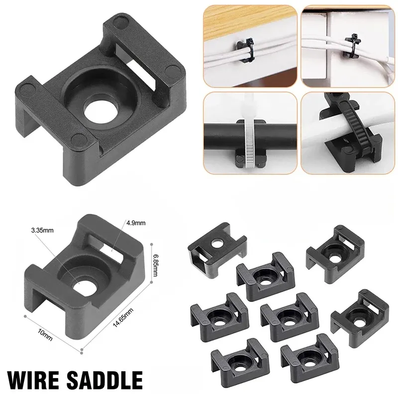 Supports de fixation pour attaches de câble, lot de 100, type selle, avec vis de montage, organisateur ignifugé noir 15 x 10 mm - Image 1