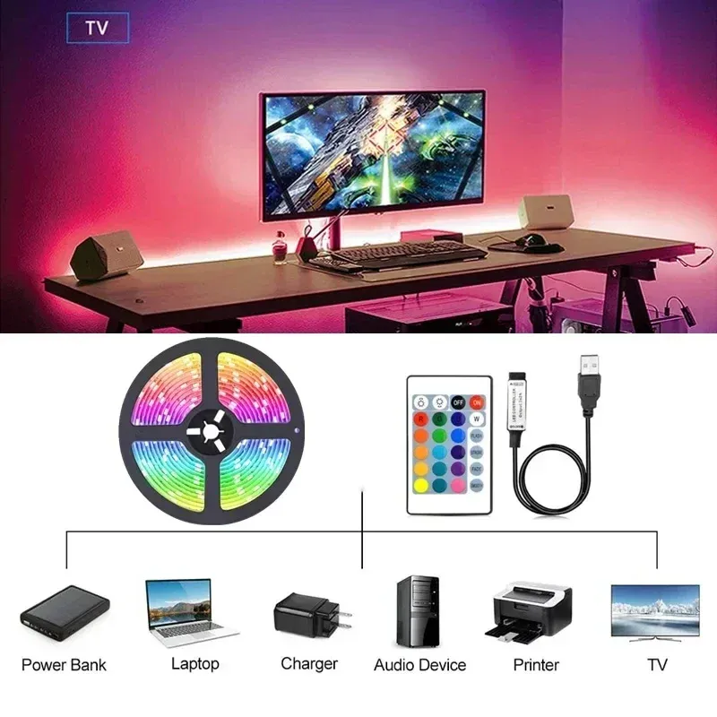Bande lumineuse LED USB flexible RVB 5050 pour décoration de chambre et rétroéclairage TV 5