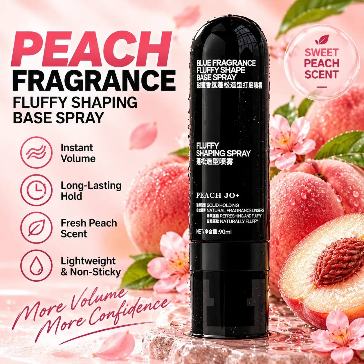 Spray volumateur pour cheveux 90 ml, parfum pêche, tenue longue durée, pour hommes et femmes