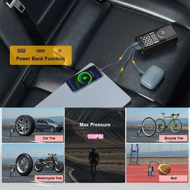 Pompe à air LEIBOO 150 PSI, gonfleur de pneus portable, compresseur d'air avec manomètre numérique pour voiture, vélo, moto, ballon 5