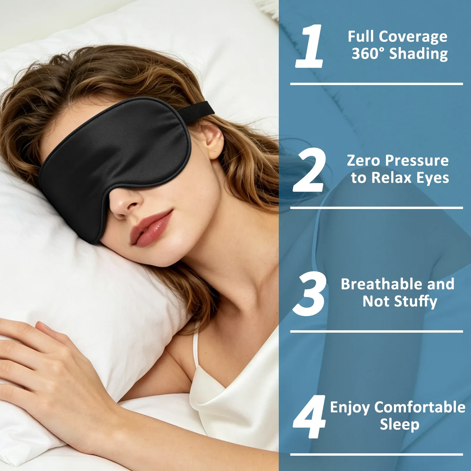 Masque de sommeil en soie synthétique réglable, respirant et occultant 6