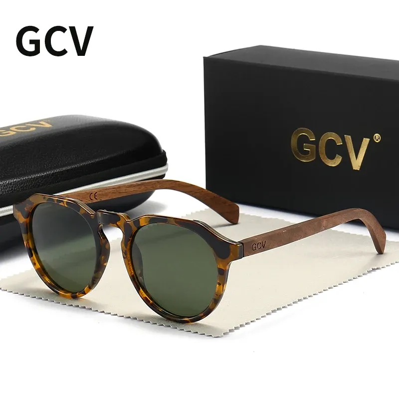 Lunettes de soleil polarisées ultralégères GCV en bois de noyer, monture Hawksbill à motif léopard et grain bois, pour hommes et femmes