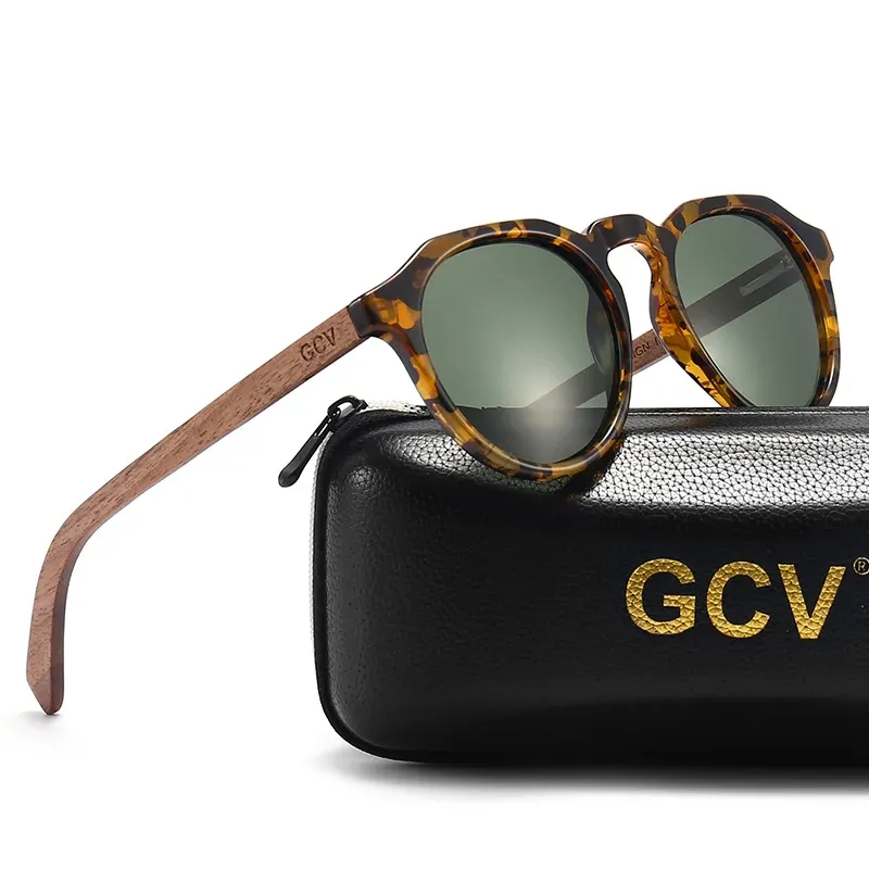 Lunettes de soleil polarisées ultralégères GCV en bois de noyer, monture Hawksbill à motif léopard et grain bois, pour hommes et femmes 2
