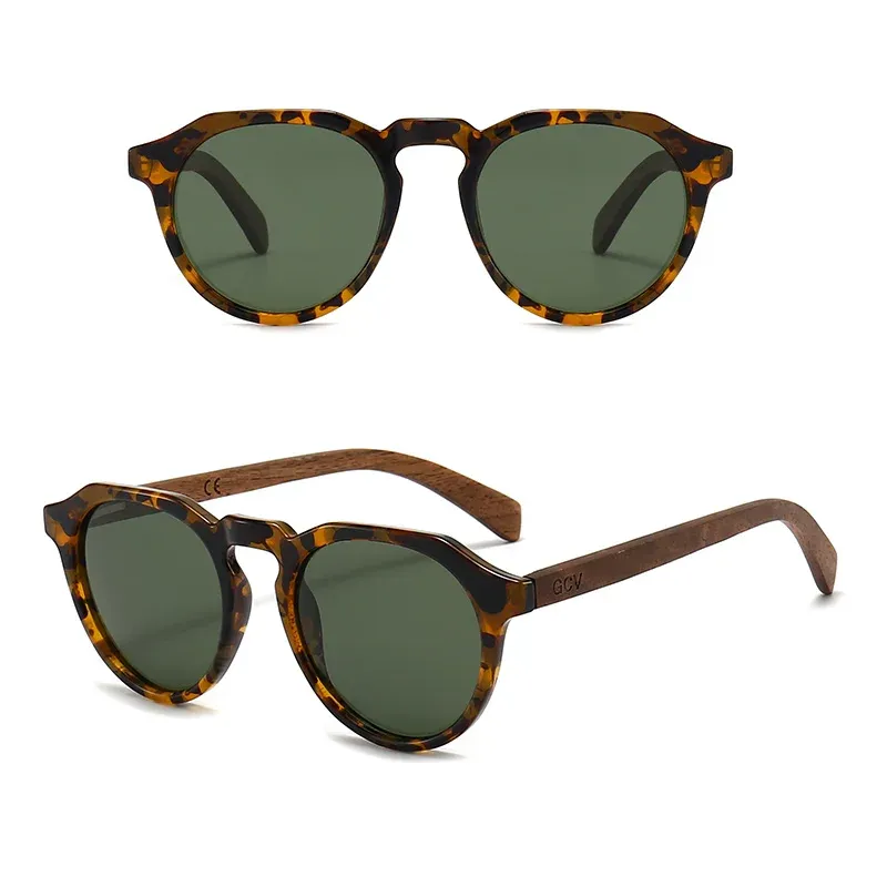 Lunettes de soleil polarisées ultralégères GCV en bois de noyer, monture Hawksbill à motif léopard et grain bois, pour hommes et femmes 3