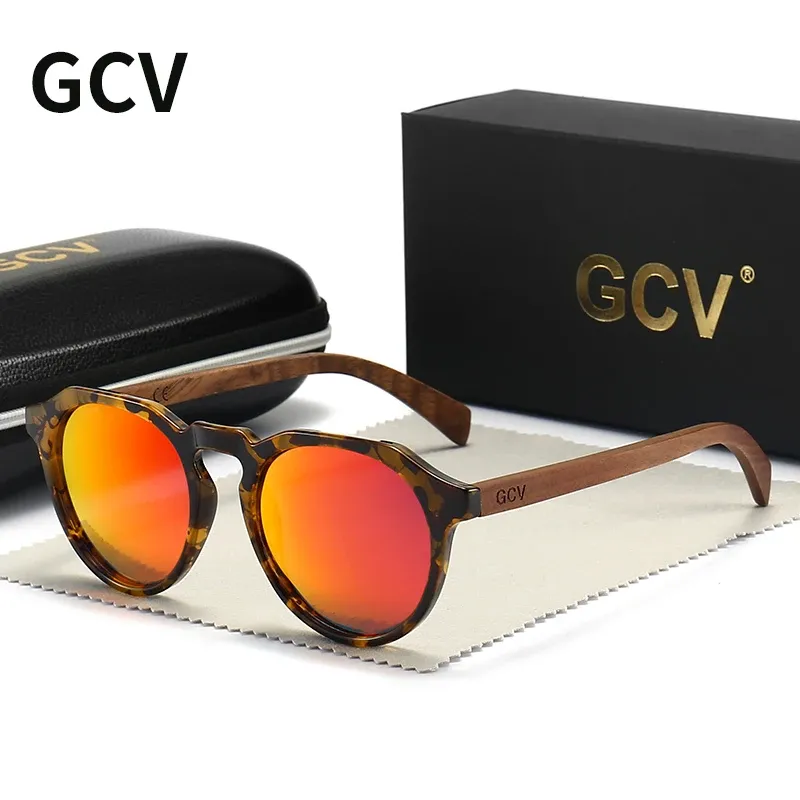 Lunettes de soleil polarisées ultralégères GCV en bois de noyer, monture Hawksbill à motif léopard et grain bois, pour hommes et femmes 8