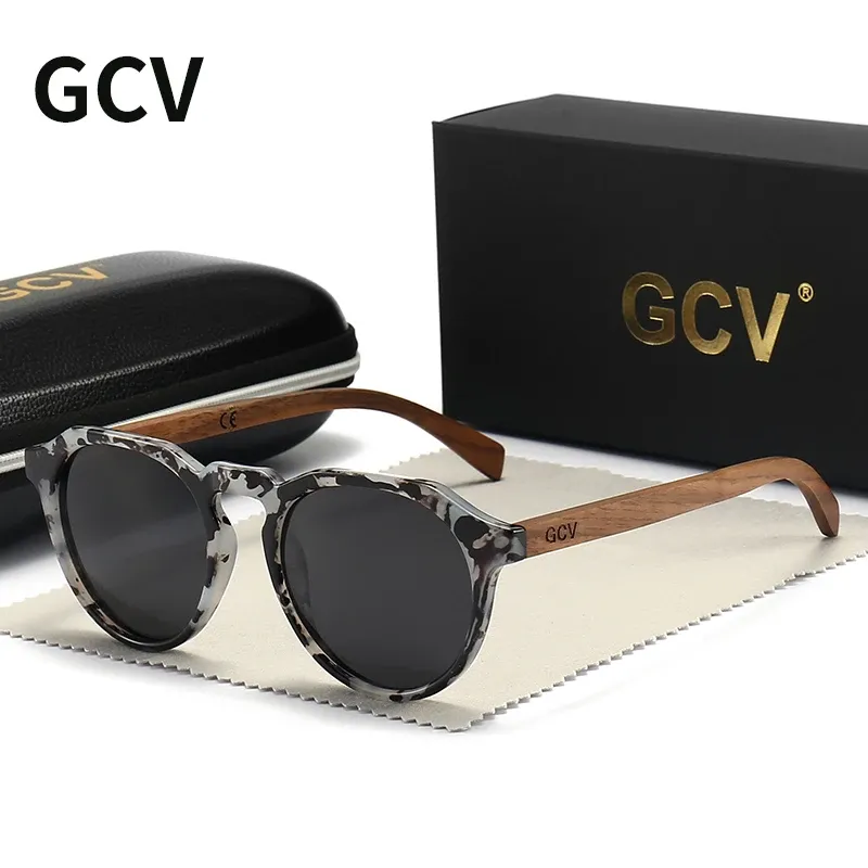 Lunettes de soleil polarisées ultralégères GCV en bois de noyer, monture Hawksbill à motif léopard et grain bois, pour hommes et femmes 10