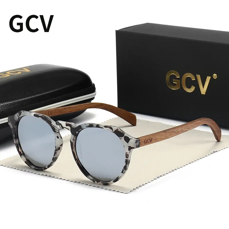 Lunettes de soleil polarisées ultralégères GCV en bois de noyer, monture Hawksbill à motif léopard et grain bois, pour hommes et femmes 9