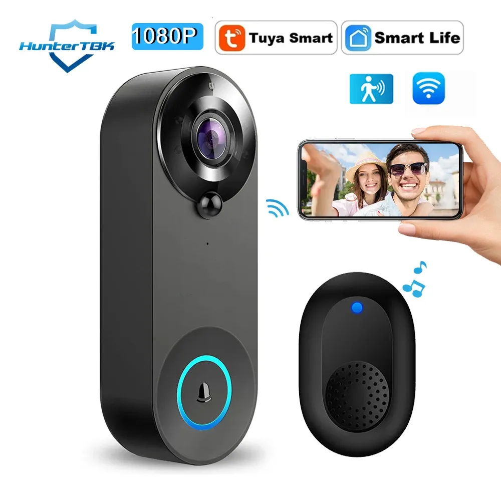 Sonnette vidéo sans fil 1080P avec caméra WiFi, compatible Tuya, sonnette connectée intelligente pour la sécurité domestique, détection de mouvement, vision nocturne et interphone