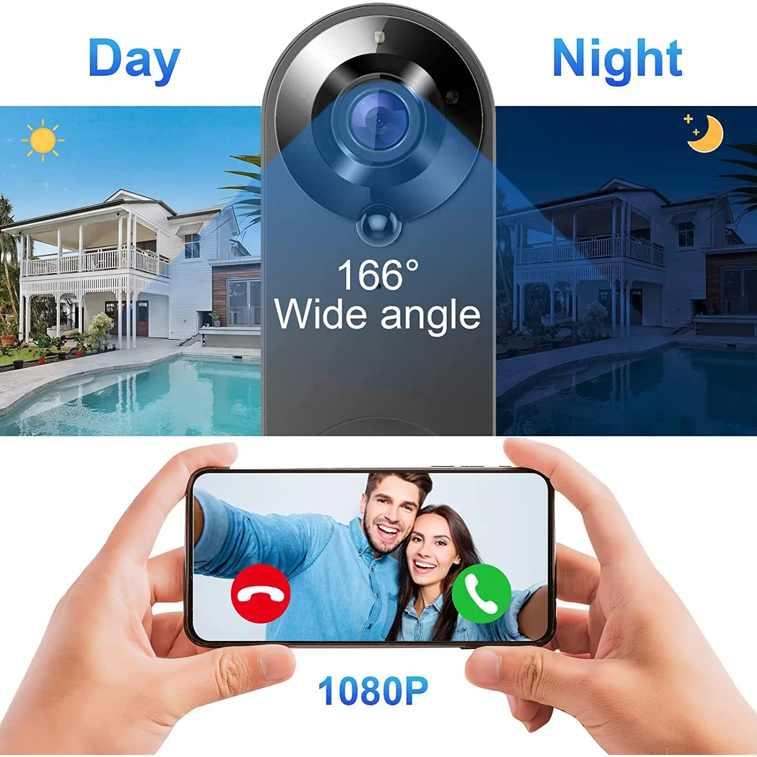 Sonnette vidéo sans fil 1080P avec caméra WiFi, compatible Tuya, sonnette connectée intelligente pour la sécurité domestique, détection de mouvement, vision nocturne et interphone 3