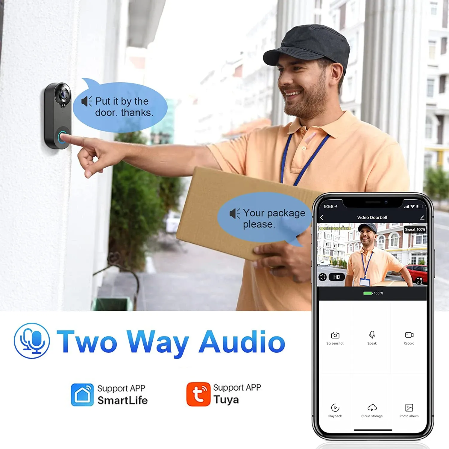 Sonnette vidéo sans fil 1080P avec caméra WiFi, compatible Tuya, sonnette connectée intelligente pour la sécurité domestique, détection de mouvement, vision nocturne et interphone 2