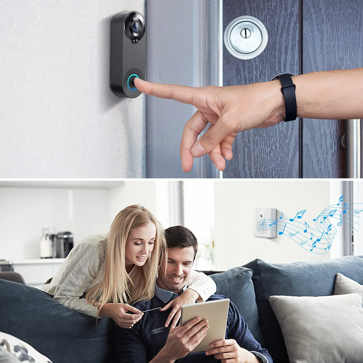Sonnette vidéo sans fil 1080P avec caméra WiFi, compatible Tuya, sonnette connectée intelligente pour la sécurité domestique, détection de mouvement, vision nocturne et interphone 4
