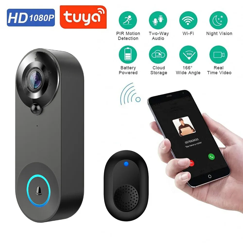 Sonnette vidéo sans fil 1080P avec caméra WiFi, compatible Tuya, sonnette connectée intelligente pour la sécurité domestique, détection de mouvement, vision nocturne et interphone 5