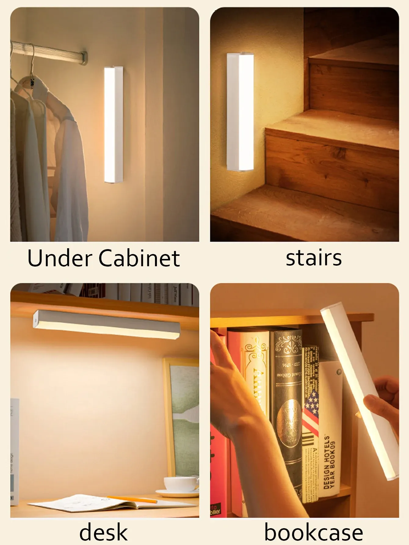 Veilleuse LED sans fil rechargeable avec détecteur de mouvement, port USB-C, pour armoire, escalier et cuisine 2