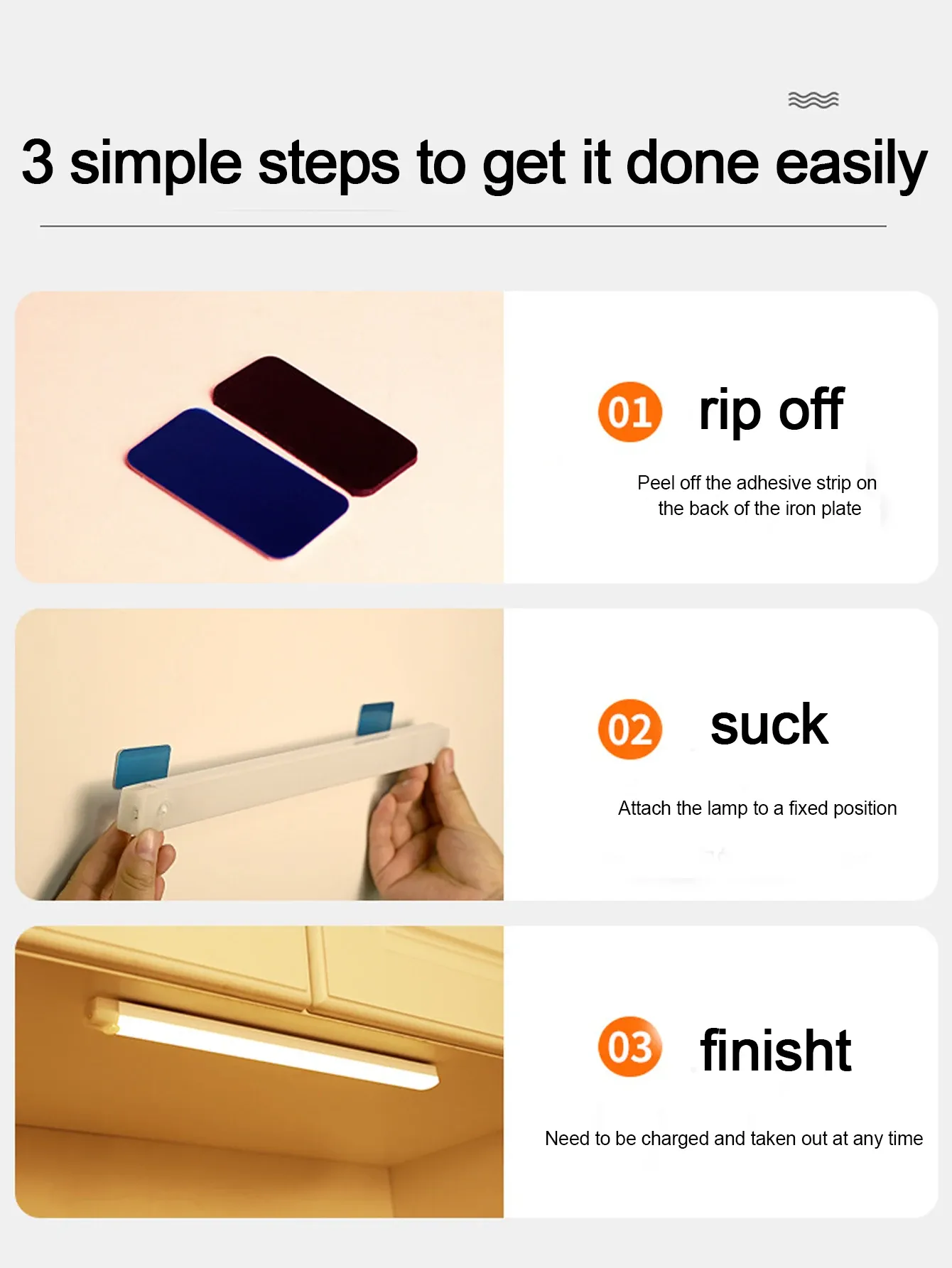 Veilleuse LED sans fil rechargeable avec détecteur de mouvement, port USB-C, pour armoire, escalier et cuisine 6
