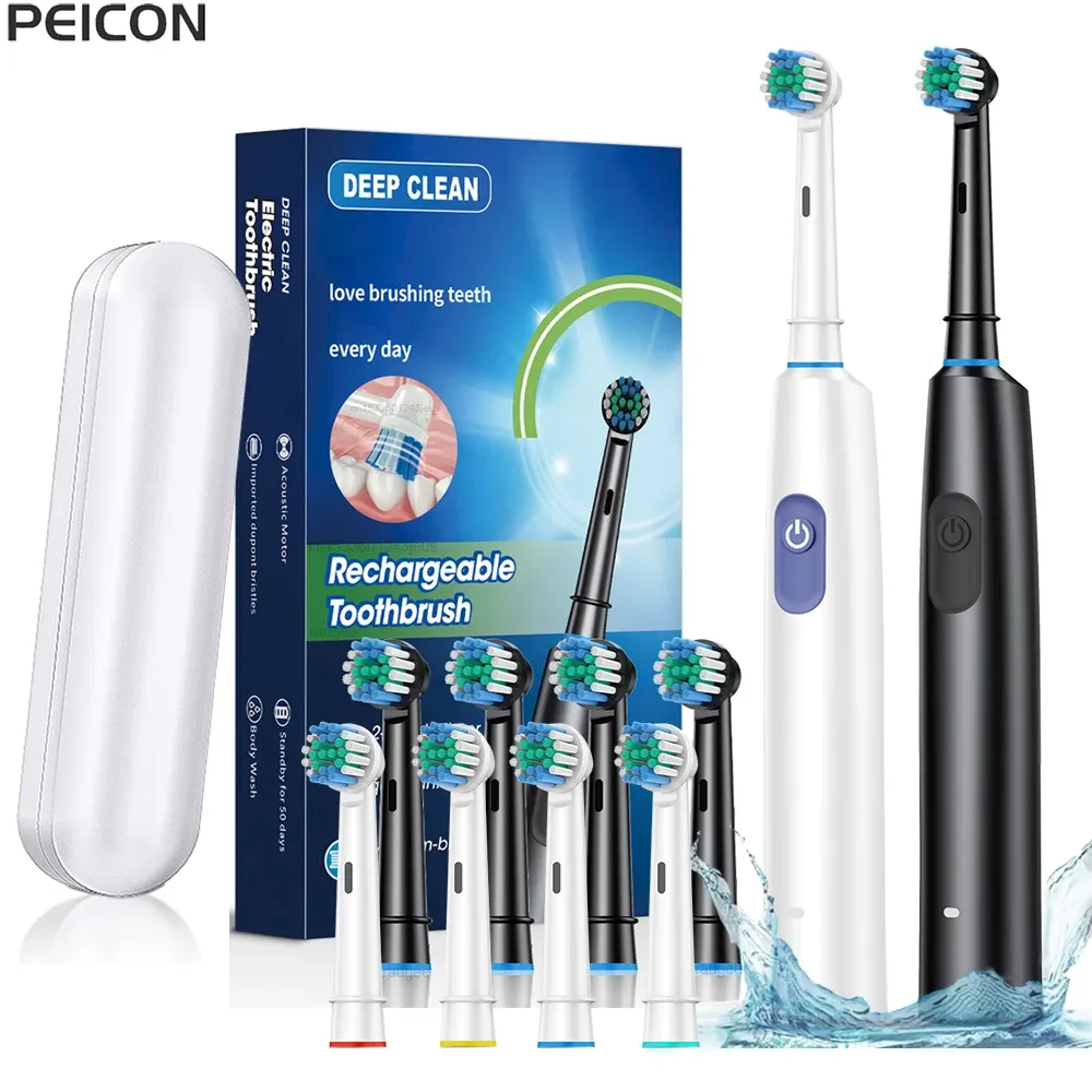 Brosse à dents électrique rotative rechargeable pour adultes avec 8 têtes de brosse souples