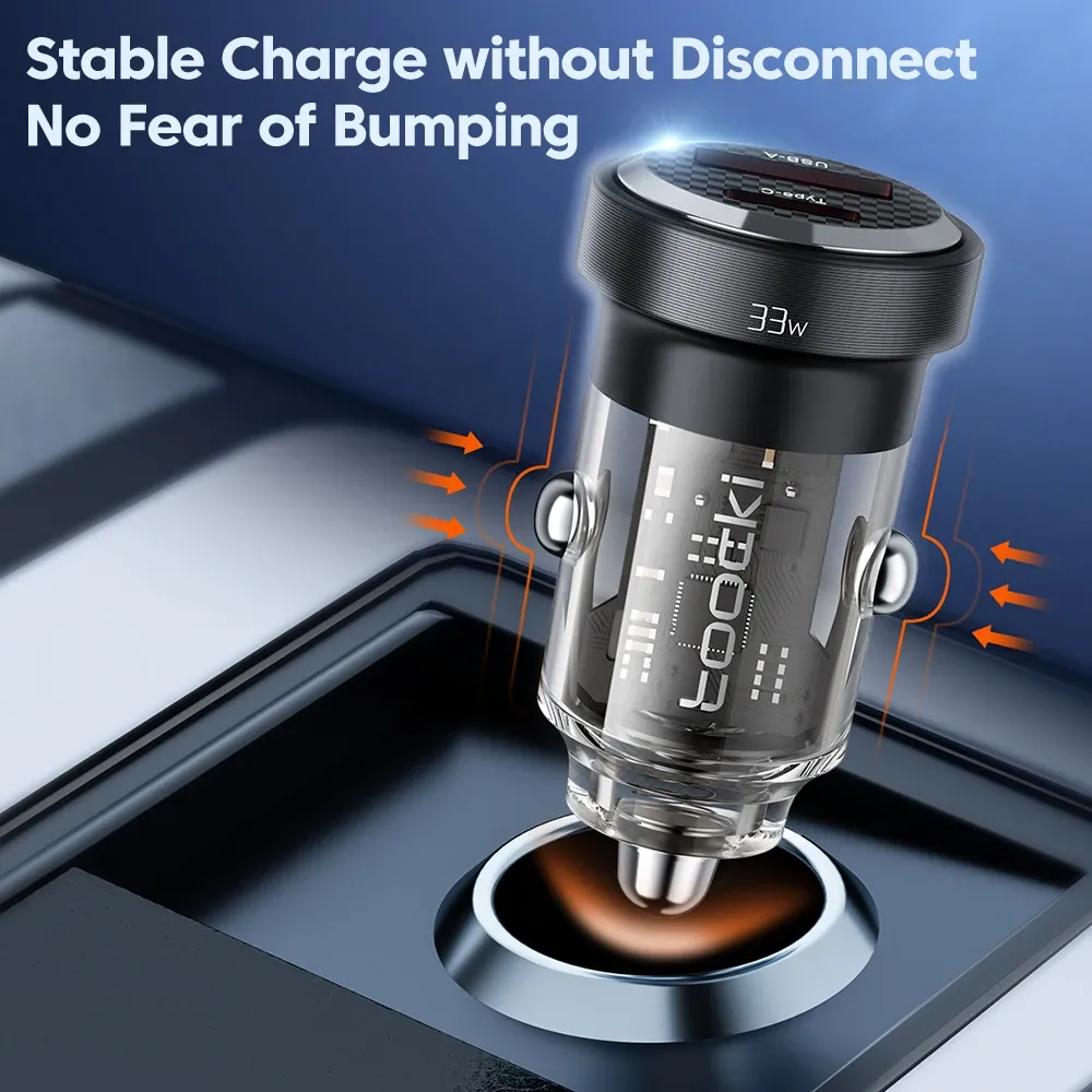 Chargeur de voiture USB-C PD 33W à charge rapide, compatible iPhone 15, 14, 13, 12, 11 Pro Max, Samsung, Huawei, Xiaomi, POCO, transparent, Type C 5