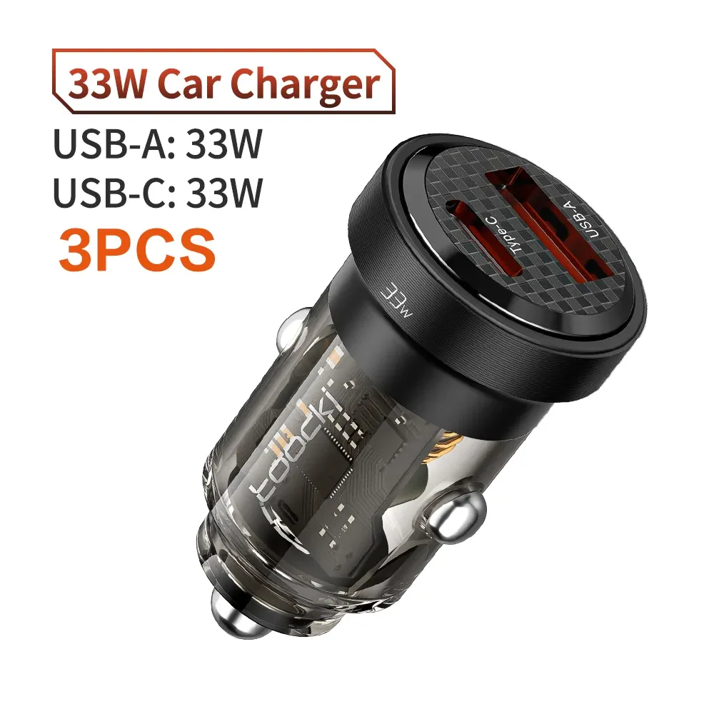 Chargeur de voiture USB-C PD 33W à charge rapide, compatible iPhone 15, 14, 13, 12, 11 Pro Max, Samsung, Huawei, Xiaomi, POCO, transparent, Type C 8