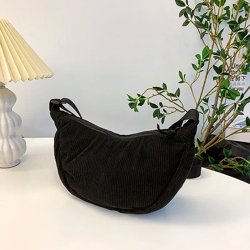 Sac Hobo en velours côtelé pour femme, uni, style rétro décontracté 11