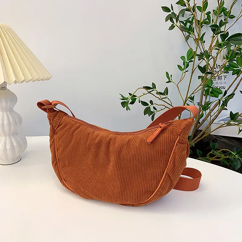 Sac Hobo en velours côtelé pour femme, uni, style rétro décontracté 13