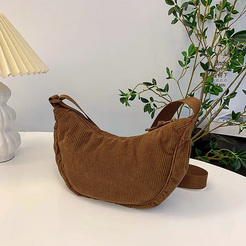 Sac Hobo en velours côtelé pour femme, uni, style rétro décontracté 12