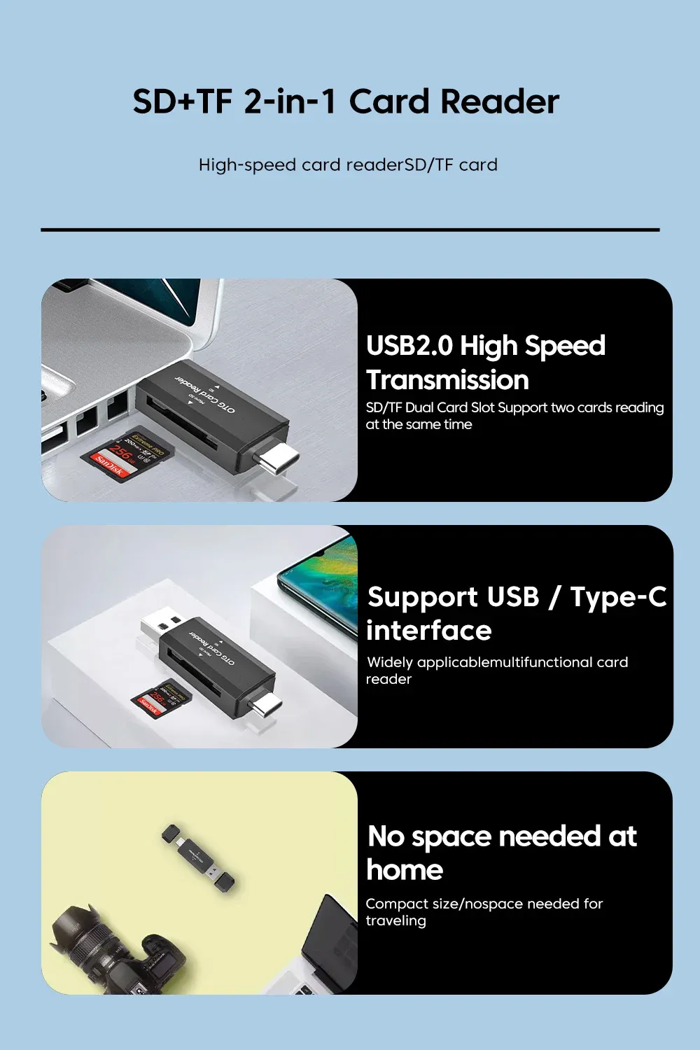Vue d'ensemble du lecteur de carte SD et TF 2 en 1 Type-C