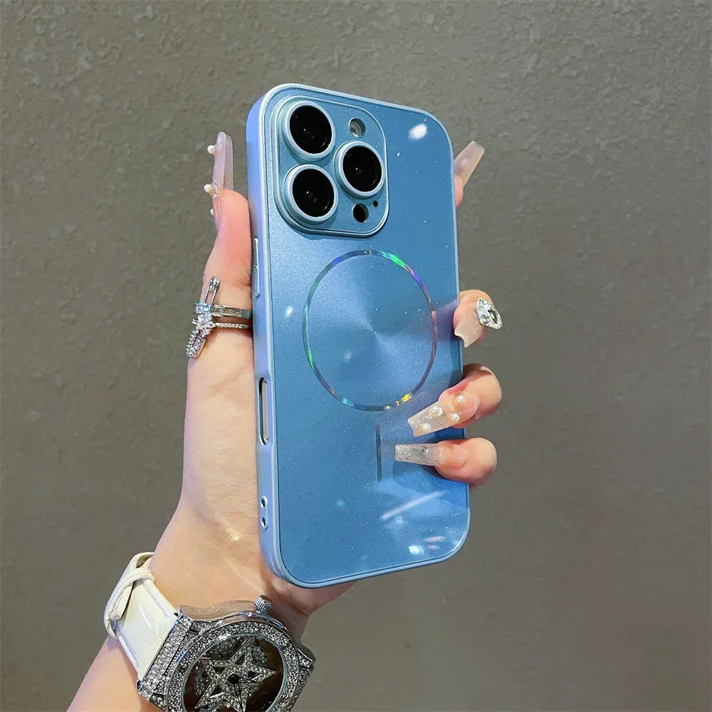 Coque MagSafe brillante Aurora pour iPhone 11 à 18 Pro Max, protection complète de l'objectif 14