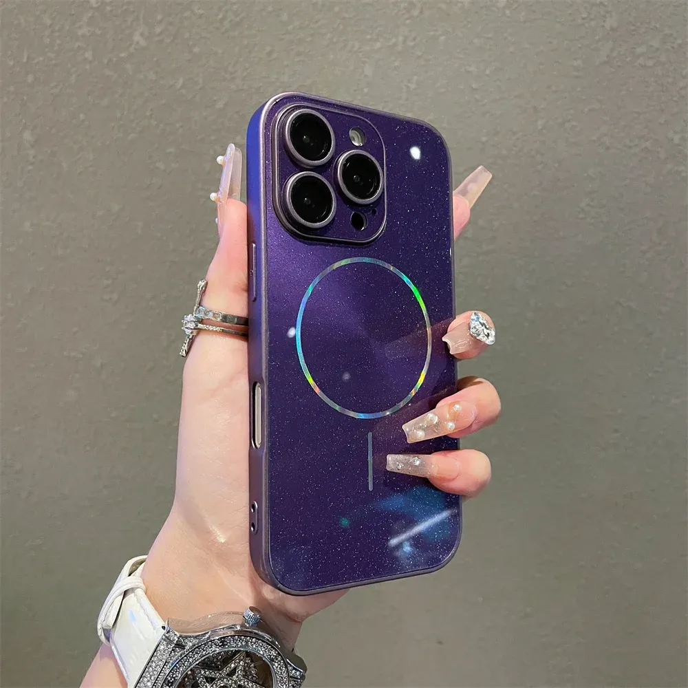 Coque MagSafe brillante Aurora pour iPhone 11 à 18 Pro Max, protection complète de l'objectif 12