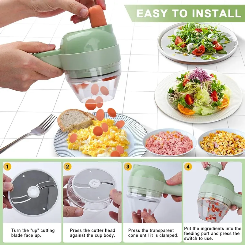 Ensemble de coupe-légumes électrique 5 en 1, robot culinaire et hachoir portable, rechargeable et sans fil pour poivrons, ail et viande 4