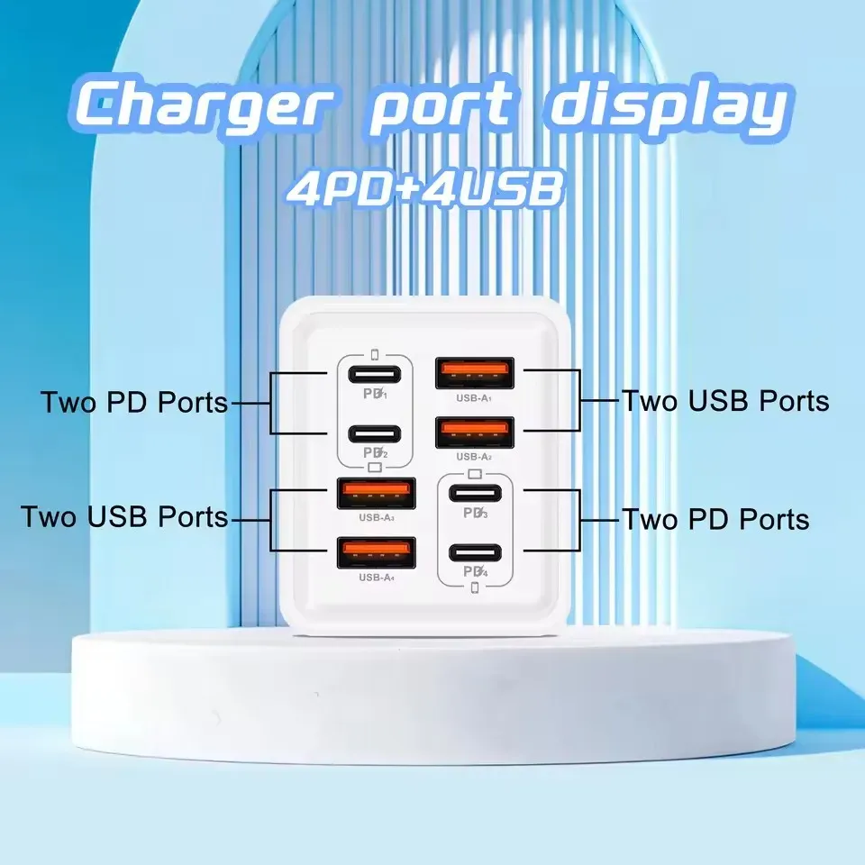 Chargeur USB-C GaN 240 W 8 en 1 à charge rapide, adaptateur secteur pour iPhone, Samsung et Xiaomi, prise EU/US 3
