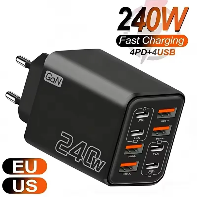 Chargeur USB-C GaN 240 W 8 en 1 à charge rapide, adaptateur secteur pour iPhone, Samsung et Xiaomi, prise EU/US
