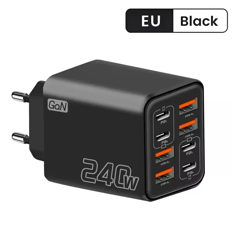 Chargeur USB-C GaN 240 W 8 en 1 à charge rapide, adaptateur secteur pour iPhone, Samsung et Xiaomi, prise EU/US 8