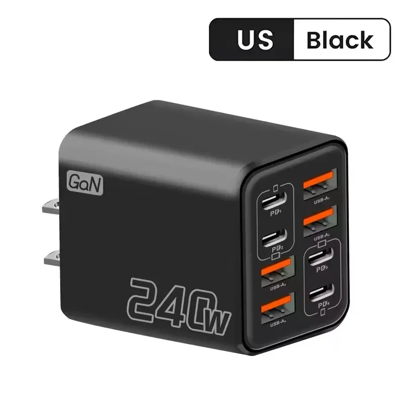 Chargeur USB-C GaN 240 W 8 en 1 à charge rapide, adaptateur secteur pour iPhone, Samsung et Xiaomi, prise EU/US 9