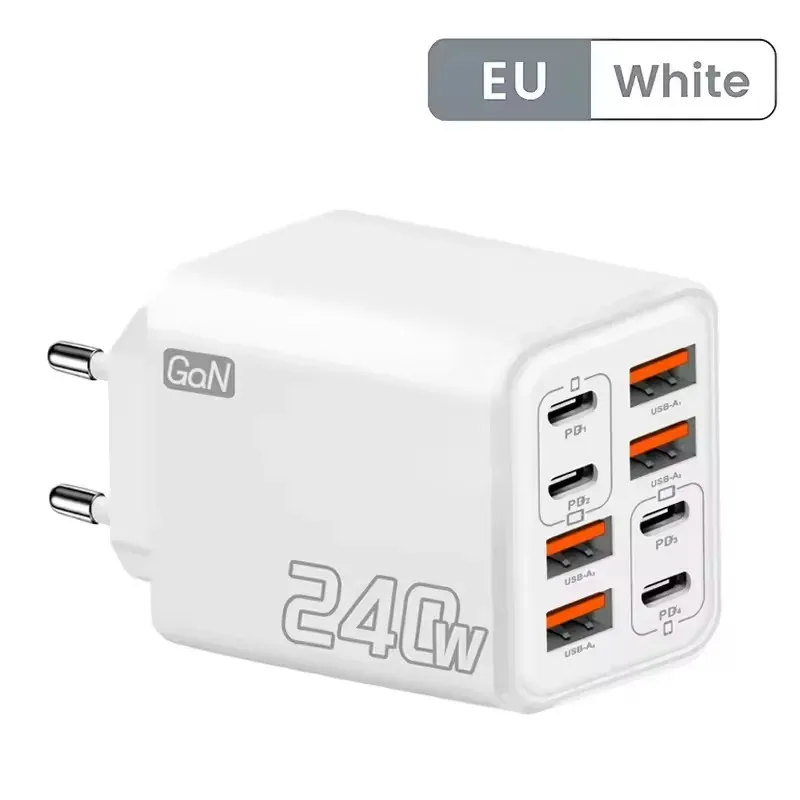 Chargeur USB-C GaN 240 W 8 en 1 à charge rapide, adaptateur secteur pour iPhone, Samsung et Xiaomi, prise EU/US 10