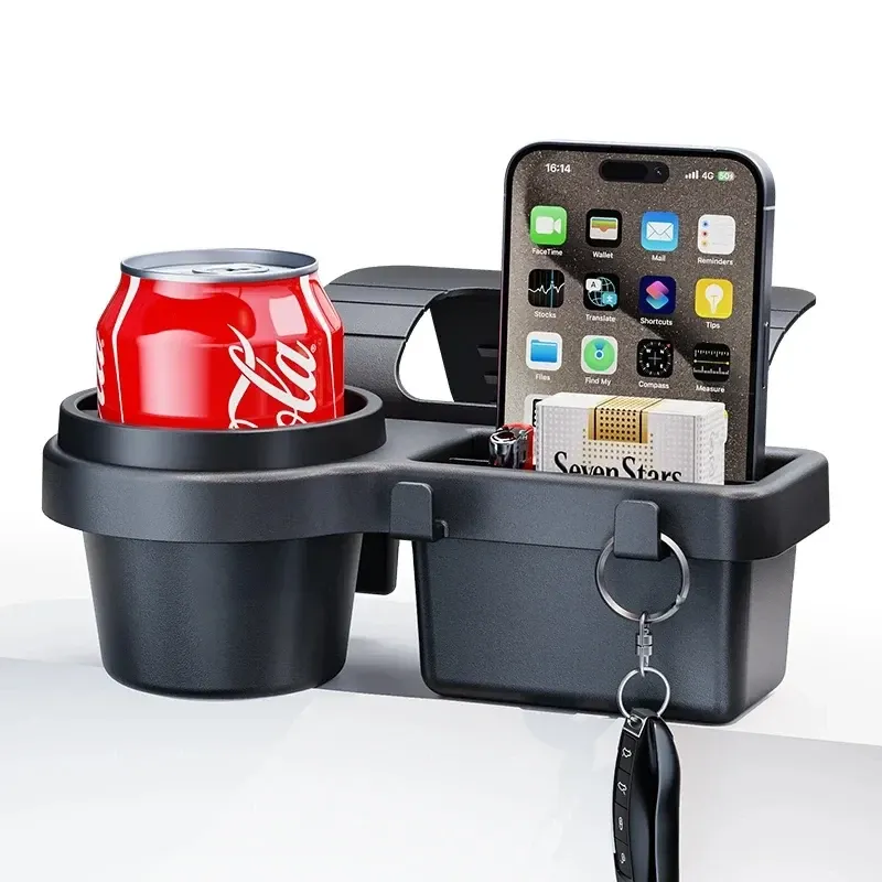 Support de téléphone pour porte-gobelet de voiture avec plateau de rangement latéral et pochette suspendue 3