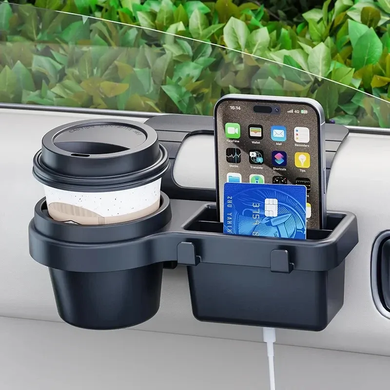 Support de téléphone pour porte-gobelet de voiture avec plateau de rangement latéral et pochette suspendue