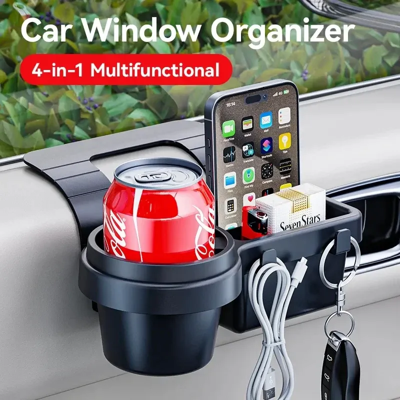 Support de téléphone pour porte-gobelet de voiture avec plateau de rangement latéral et pochette suspendue 2