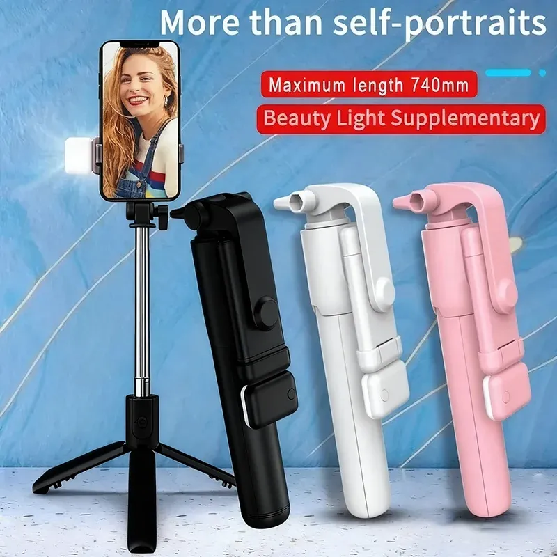 Perche à selfie sans fil avec trépied, lumière LED et télécommande Bluetooth, trépied extensible pour iPhone et smartphones, idéal pour la diffusion en direct